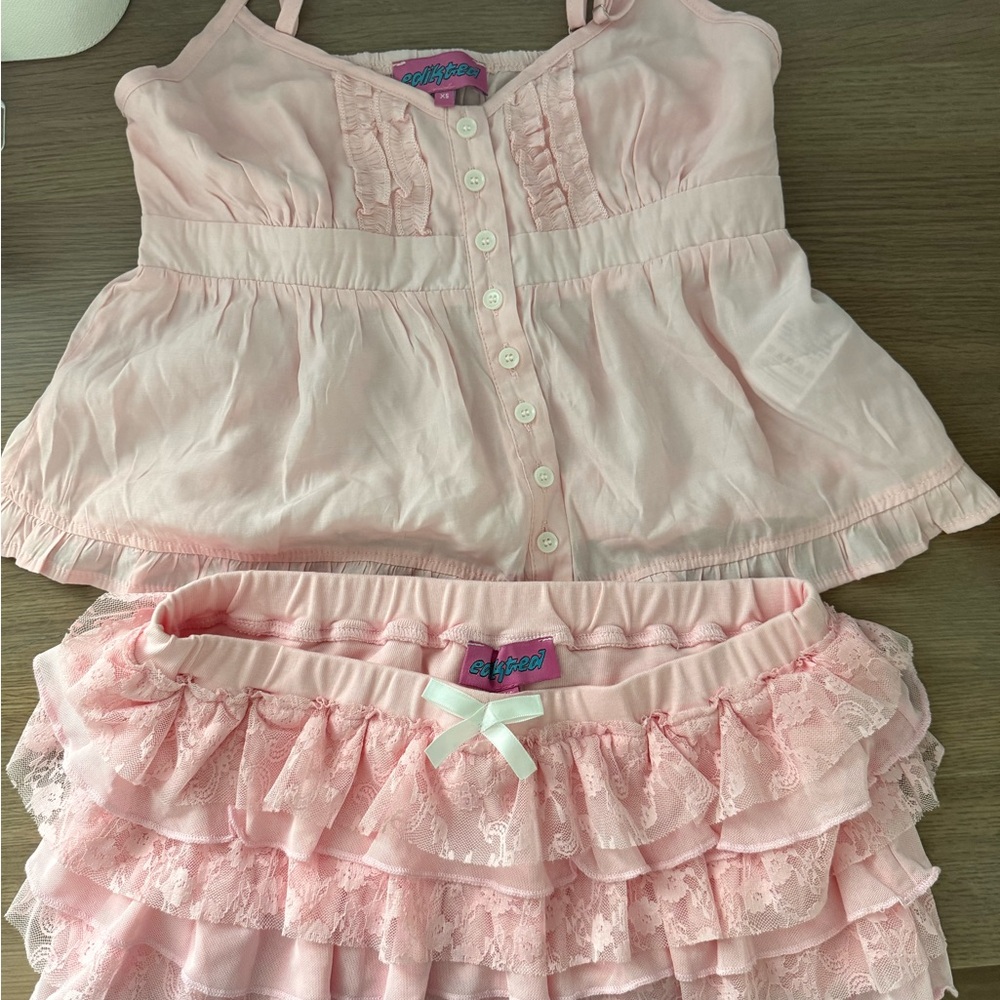 Edikted Pink Ruffled Lace Top and Skirt Set